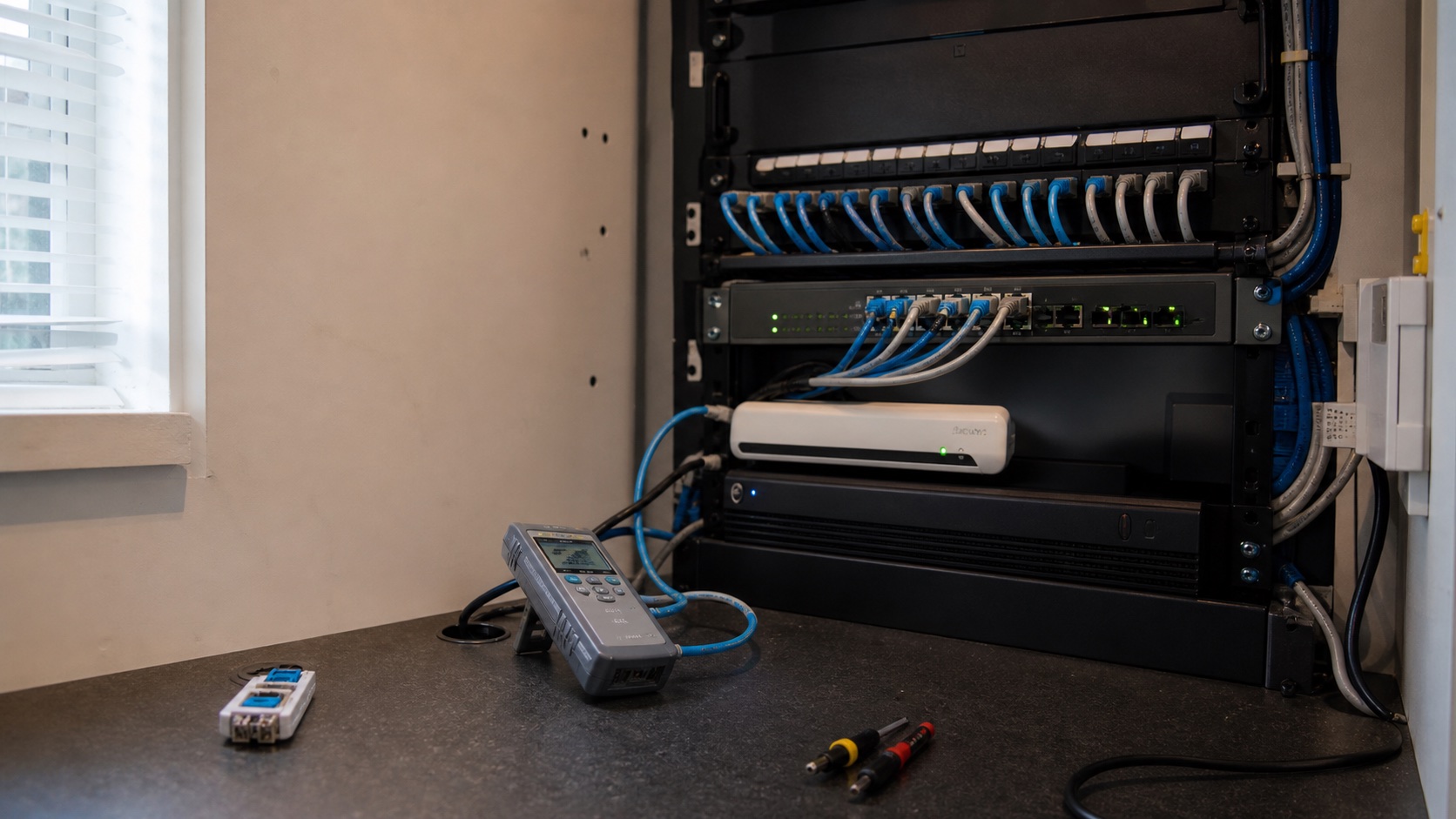Tidy small-business network cabinet and testing equipment